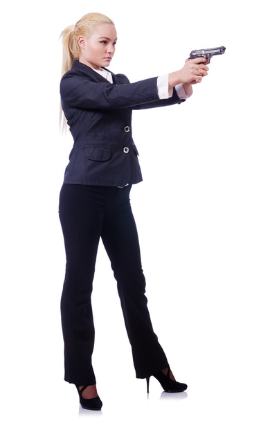 Frau mit Waffe isoliert auf Weiß - Foto, Bild