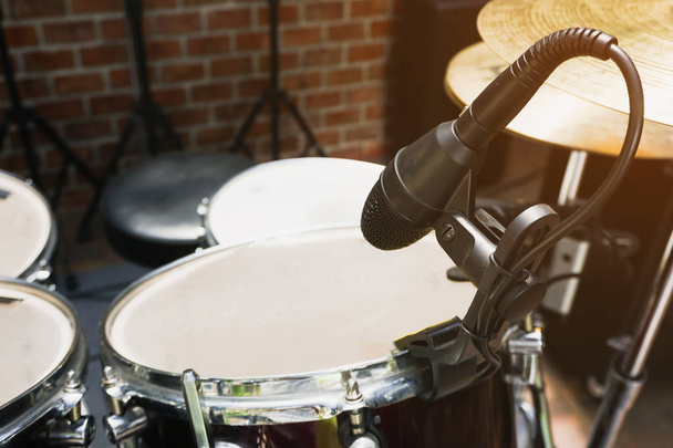 Close up of microphone and drum at the stage - Photo, Image