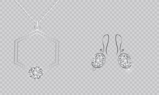 A set of jewelry. The chain and earrings, round in blue. Set decoration on a gray background. - Vector, Image