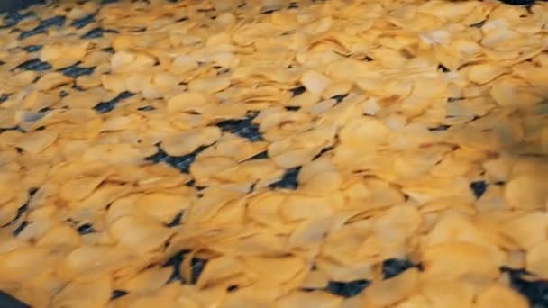 Sárga sült chipek mozgó gyár sorban egy élelmiszer-eszköz. - Felvétel, videó
