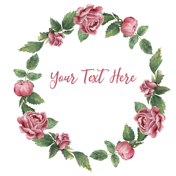 Round frame made of pink blooming roses, isolated on white, hand drawn botanical illustration. - Foto, imagen