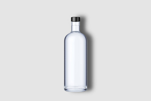 Γυάλινο μπουκάλι βότκα με καπάκι που απομονώνονται σε απαλό γκρι φόντο. Μακέτα. 3D rendering. - Φωτογραφία, εικόνα