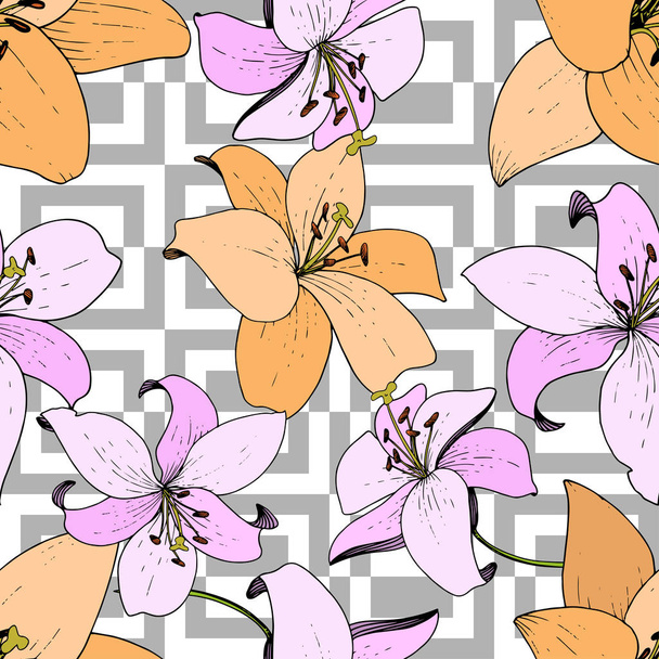 Vector Lily floral botanical flower. Engraved ink art. Seamless background pattern. Fabric wallpaper print texture. - Vektor, Bild