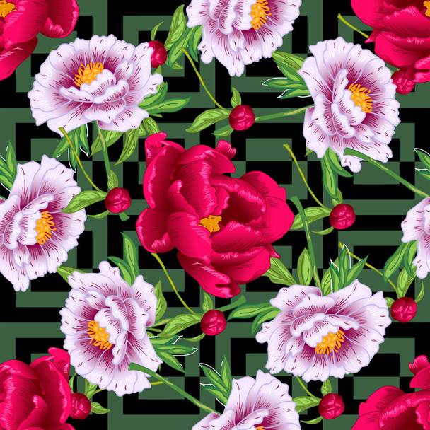 Vektoros piros és rózsaszín babarózsa virágos botanikai virágok. Vésett tinta art. Varratmentes háttérben minta. - Vektor, kép