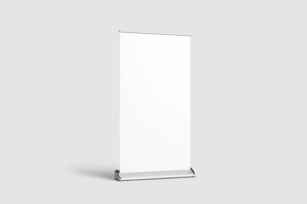 Blank Roll-Up Banner Mock up isolated on soft gray background with clipping path. 3D rendering. - Photo, Image