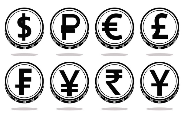 Sammlung von Münzen mit schwarzen Währungssymbolen. Vektorillustration - Vektor, Bild
