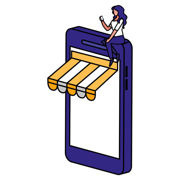 woman using smartphone with parasol - Vector, Image