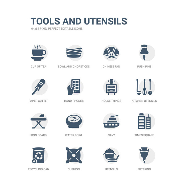 simple set of icons such as filtering, utensils, cushion, recycling can, times square, navy, water bowl, iron board, kitchen utensils, house things. related tools and utensils icons collection. - Vector, Image
