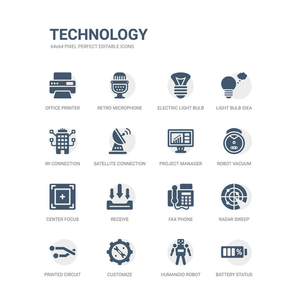 simple set of icons such as battery status, humanoid robot, customize, printed circuit connections, radar sweep, fax phone, receive, center focus, robot vacuum, project manager. related technology - Vector, Image
