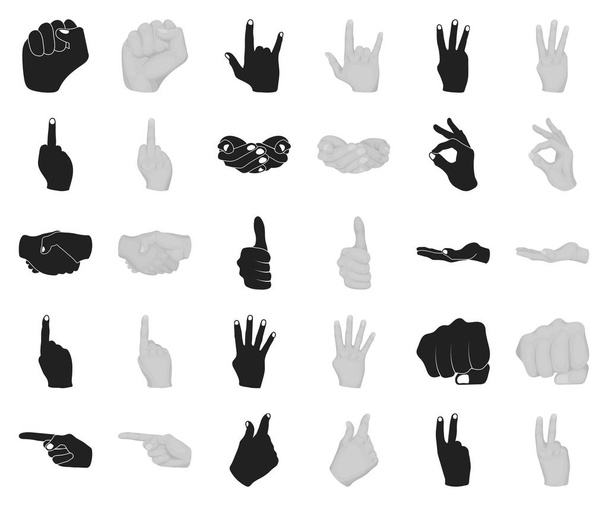 Hand gebaar zwart, zwart-wit pictogrammen in set collectie voor design. Palm en vinger symbool voorraad web vectorillustratie. - Vector, afbeelding