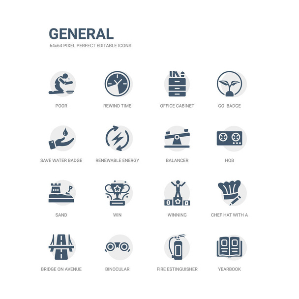 simple set of icons such as yearbook, fire estinguisher, binocular, bridge on avenue perspective, chef hat with a pencil, winning, win, sand, hob, balancer. related general icons collection. - Vector, Image