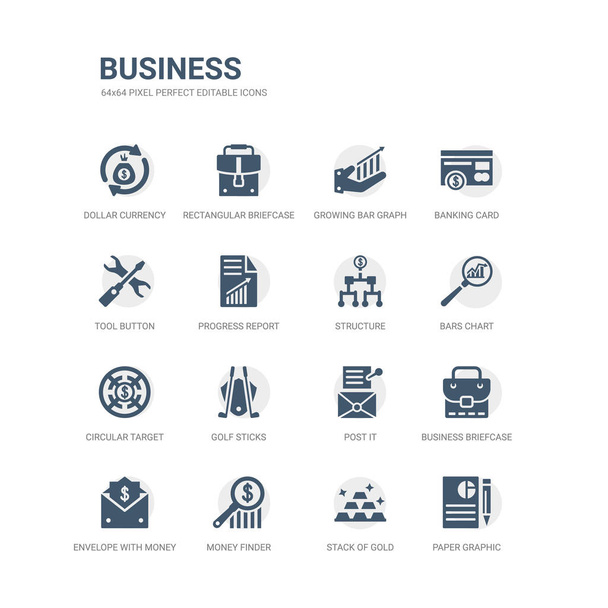 simple set of icons such as paper graphic, stack of gold, money finder, envelope with money inside, business briefcase, post it, golf sticks, circular target, bars chart, structure. related business - Вектор, зображення