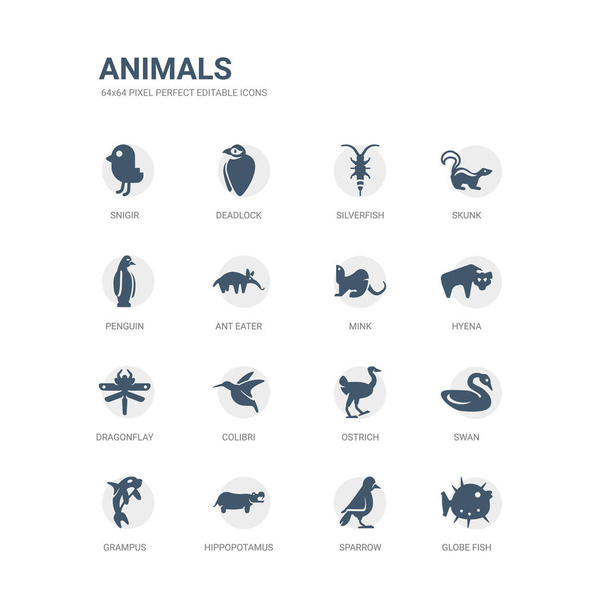 eenvoudige set van iconen zoals globe vis, Mus, nijlpaard, grampus, zwaan, struisvogel, colibri, dragonflay, hyena's, nerts. verwante dieren iconen collectie. bewerkbare 64 x 64 pixel perfect. - Vector, afbeelding