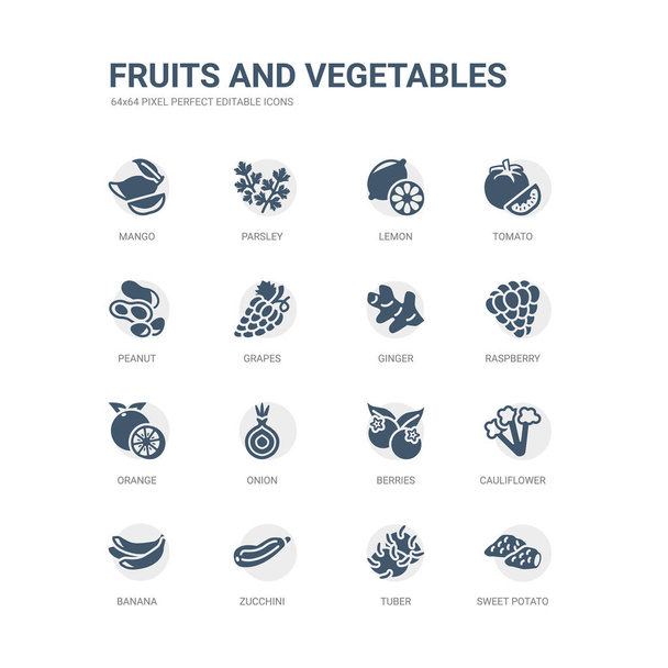 サツマイモ、塊茎、ズッキーニ、バナナ、カリフラワー、ベリー類、タマネギ、オレンジ、ラズベリー、ジンジャーなどのアイコンのシンプルなセットです。関連する果物と野菜のアイコン コレクション。編集可能な 64 x 64 ピクセル - ベクター画像