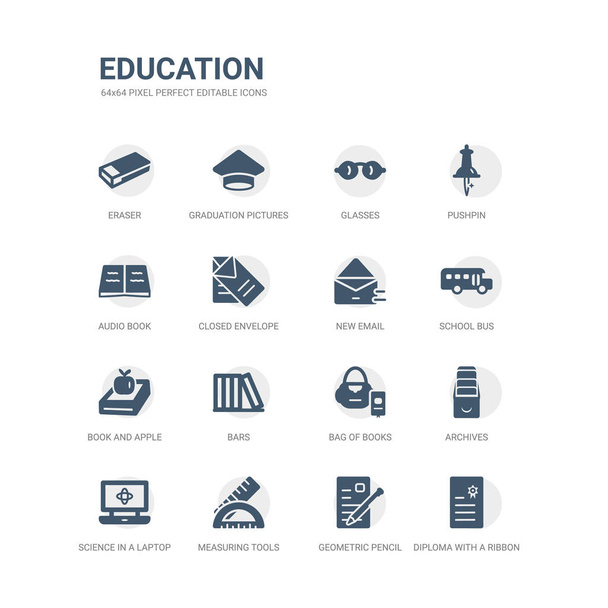 simple set of icons such as diploma with a ribbon, geometric pencil, measuring tools, science in a laptop, archives, bag of books, bars, book and apple, school bus, new email. related education - Vector, Image