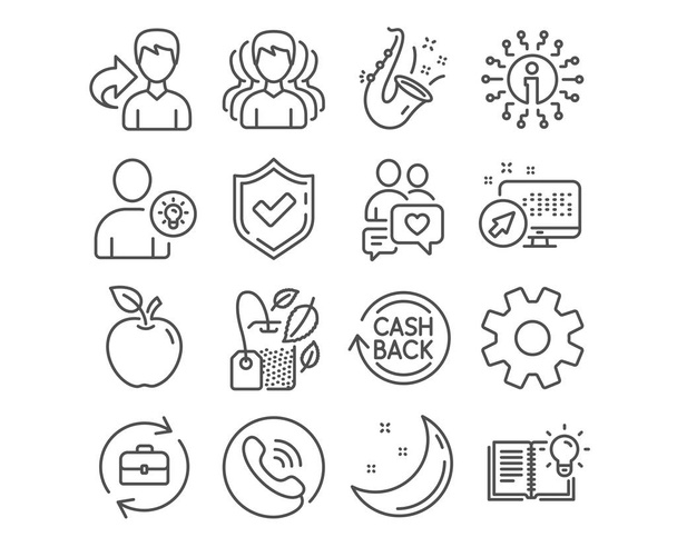 Set of Service, Group and Dating chat icons. User idea, Cashback and Jazz signs. Mint bag, Human resources and Product knowledge symbols. Cogwheel gear, Headhunting service, People love. Vector - Vector, Imagen