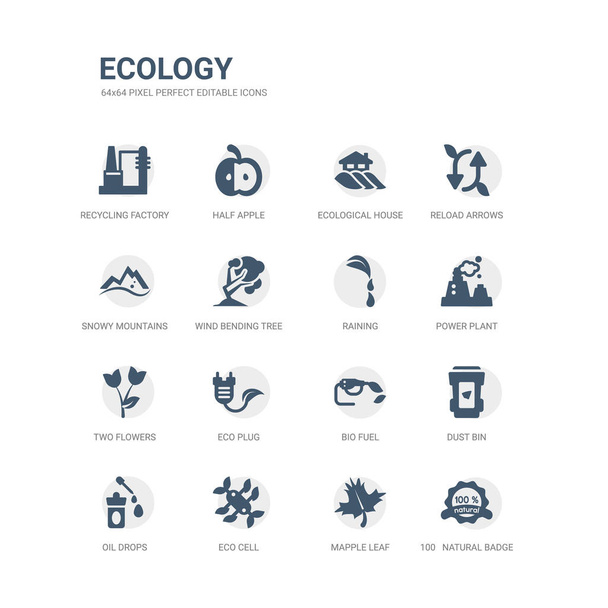 jednoduchá sada ikon 100 přírodní odznak, mapple list, buňka eco, kapky oleje, odpadkových koších, bio paliva, eco konektor, dvě květiny, elektrárny, pršet. související ekologie ikony kolekce. upravitelné 64 x 64 - Vektor, obrázek