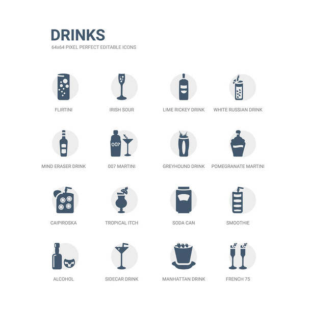 simple set of icons such as french 75, manhattan drink, sidecar drink, alcohol, smoothie, soda can, tropical itch, caipiroska, pomegranate martini, greyhound drink. related drinks icons collection. - Vector, Image