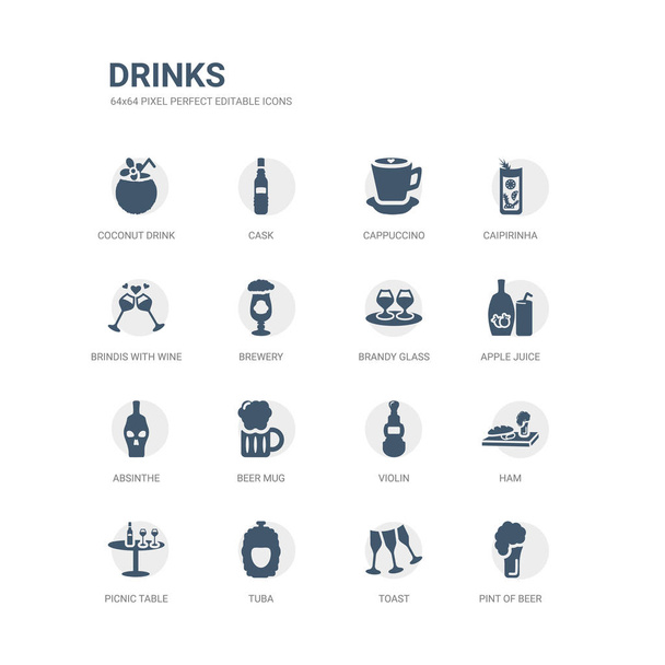 simple set of icons such as pint of beer, toast, tuba, picnic table, ham, violin, beer mug, absinthe, apple juice, brandy glass. related drinks icons collection. editable 64x64 pixel perfect. - Vector, Image
