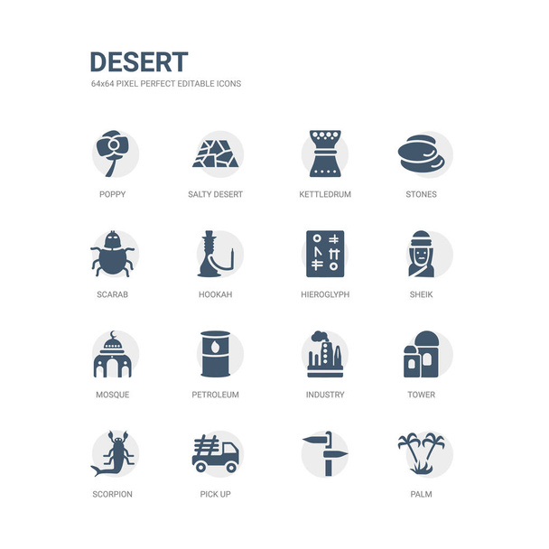 простой набор икон, таких как ладонь,, забрать, скорпион, башня, промышленность, нефть, мечеть, шейх, иероглиф. Коллекция из пустыни. съедобный 64-пиксельный
. - Вектор,изображение