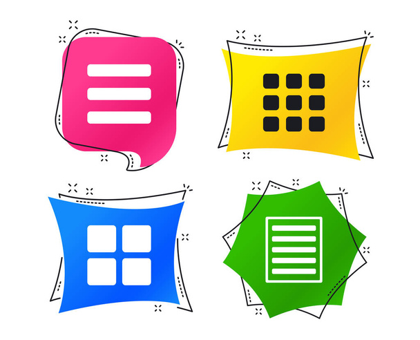 List menu icons. Content view options symbols. Thumbnails grid or Gallery view. Geometric colorful tags. Banners with flat icons. Trendy design. Vector - Vetor, Imagem