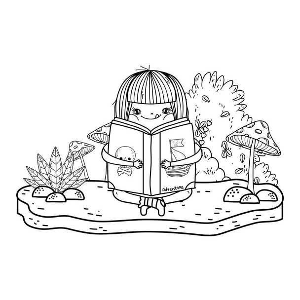 heureuse petite fille lecture livre dans le jardin
 - Vecteur, image