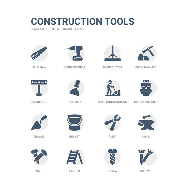simple set of icons such as screws, screw, ladder, nail, anvil, plier, bucket, trowel, circuit breaker, road construction. related construction tools icons collection. editable 64x64 pixel perfect. - Vector, Image
