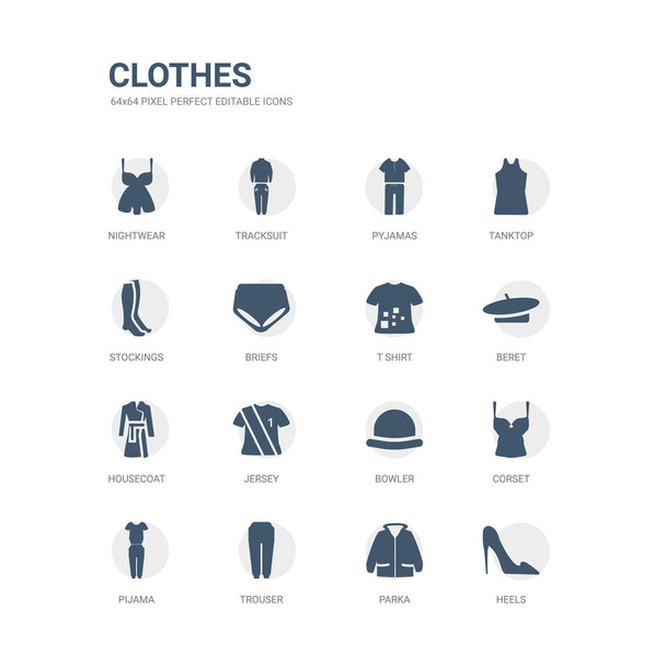jednoduchá sada ikon, jako jsou podpatky, bundu, kalhoty, pijama, korzet, bowler, jersey, županu, baret, t košile. související ikony kolekce oblečení. upravitelné 64 x 64 pixelů dokonalé. - Vektor, obrázek