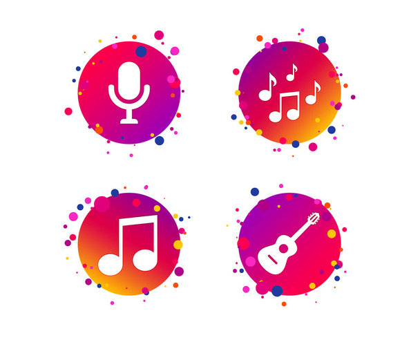Music icons. Microphone karaoke symbol. Music notes and acoustic guitar signs. Gradient circle buttons with icons. Random dots design. Vector - Διάνυσμα, εικόνα