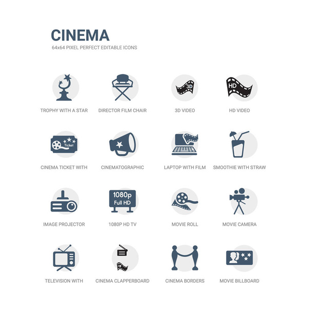 Einfaches Set von Symbolen wie Filmplakat, Kinoränder, Kinoklappwand, Fernseher mit Antenne, Filmkamera, Filmrolle, 1080p-HD-Fernseher, Bildprojektor, Smoothie mit Stroh, Laptop mit - Vektor, Bild