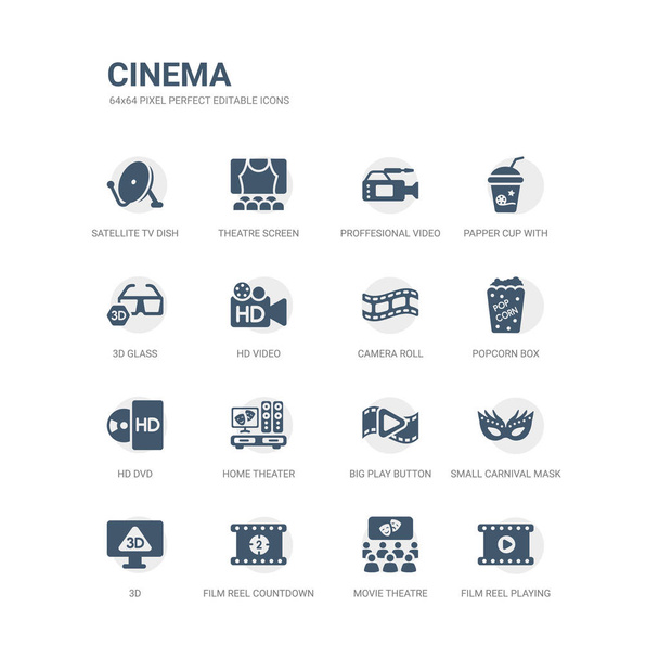 simple set of icons such as film reel playing, movie theatre, film reel countdown number 2, 3d, small carnival mask, big play button, home theater, hd dvd, popcorn box, camera roll. related cinema - Vector, Image