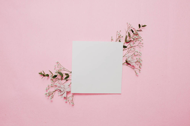 White blank card with pastel flowers  on pink pale background - Foto, immagini