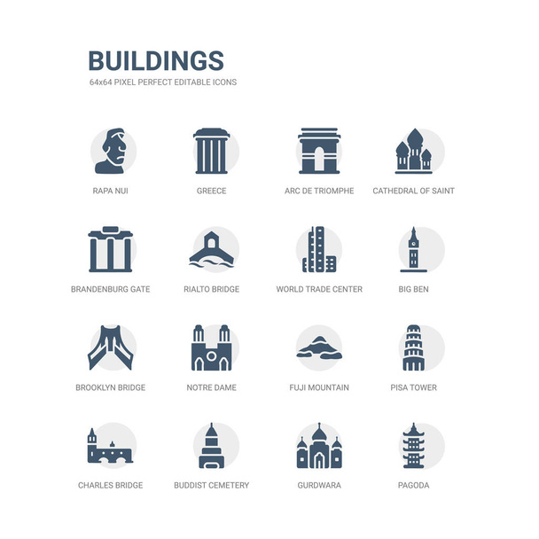 simple set of icons such as pagoda, gurdwara, buddist cemetery, charles bridge, pisa tower, fuji mountain, notre dame, brooklyn bridge, big ben, world trade center. related buildings icons - Vector, Image