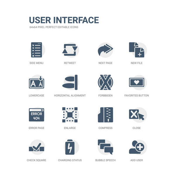 simple set of icons such as add user, bubble speech, charging status, check square, close, compress, enlarge, error page, favorites button, forbbiden. related user interface icons collection. - Vector, Image