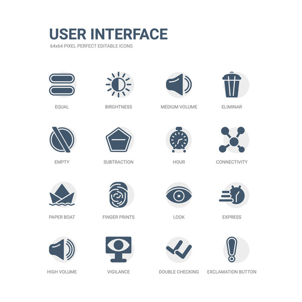 simple set of icons such as exclamation button, double checking, vigilance, high volume, express, look, finger prints, paper boat, connectivity, hour. related user interface icons collection. - Vector, Image