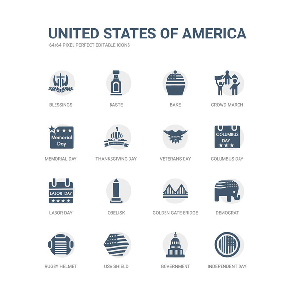 простой набор икон, таких как независимый день, правительство, США щит, регби шлем, демократ, золотые ворота мост, обелиск, День труда, День Колумба, ветераны связанные Соединенные Штаты икон Америки
 - Вектор,изображение