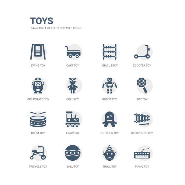 простой набор икон, таких как пианино игрушки, тролль игрушки, мяч игрушки, трехколесный ксилофон осьминога поезд барабан робота связанные игрушки коллекции иконок. съедобный 64-пиксельный
. - Вектор,изображение