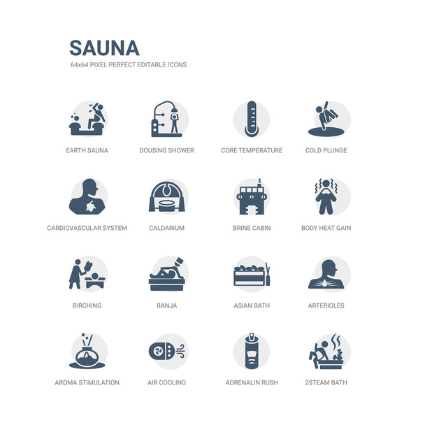 simple set of icons such as 2steam bath, adrenalin rush, air cooling, aroma stimulation, arterioles, asian bath, banja, birching, body heat gain, brine cabin. related sauna icons collection. - Vector, Image