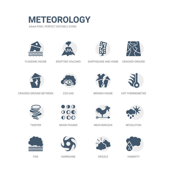 jednoduchá sada ikon, jako jsou vlhkost, mrholení, hurikán, mlha, revoluce, korouhvičky, fáze měsíce, twister, horké teploměr, rozbité dům. související meteorologie ikony kolekce. upravitelné 64 x 64 - Vektor, obrázek