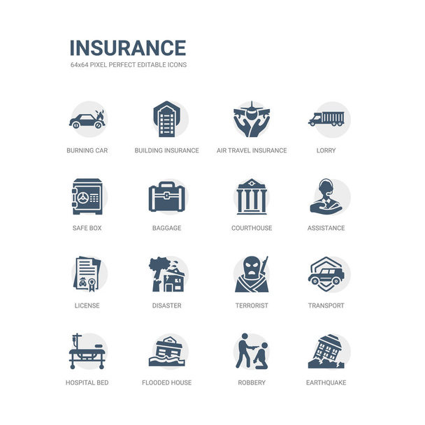 simple set of icons such as earthquake, robbery, flooded house, hospital bed, transport, terrorist, disaster, license, assistance, courthouse. related insurance icons collection. editable 64x64 - Vector, Image