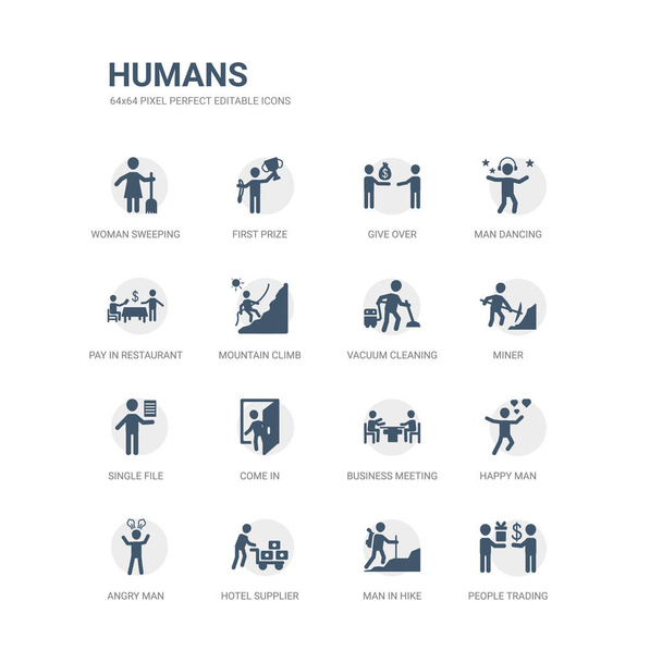 simple set of icons such as people trading, man in hike, hotel supplier, angry man, happy man, business meeting, come in, single file, miner, vacuum cleaning. related humans icons collection. - Vector, Image