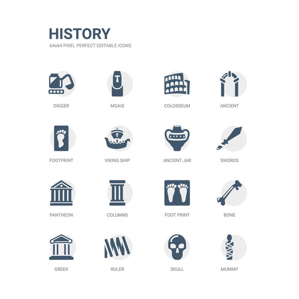 simple set of icons such as mummy, skull, ruler, greek, bone, foot print, columns, pantheon, swords, ancient jar. related history icons collection. editable 64x64 pixel perfect. - Vector, Image