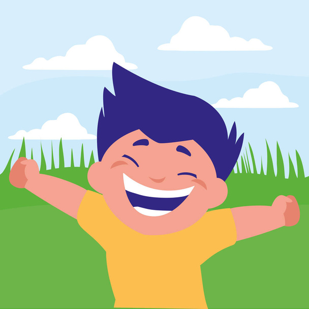 boldog kövér fiú ünnepli a táborban - Vektor, kép