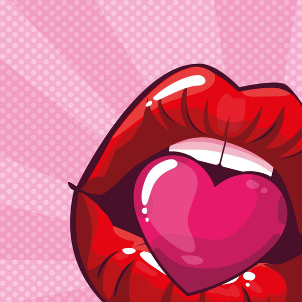 sexy kobieta usta z serca stylu pop art - Wektor, obraz