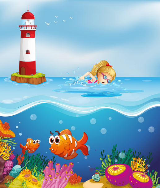A girl swimming near the lighthouse - Vector, Image