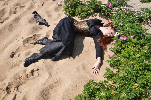 corvo sentado na praia ao lado do corpo de uma bruxa estranhamente vestida
 - Foto, Imagem