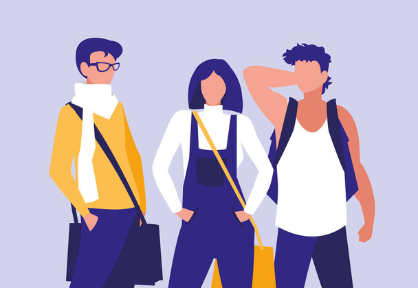 young people group modeling with handbags - Vector, Image