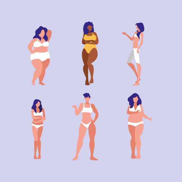 Frauen unterschiedlicher Größen und Rassen modellieren Unterwäsche - Vektor, Bild
