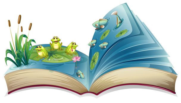 A book with an image of the frogs and fishes in the pond - Vector, Image