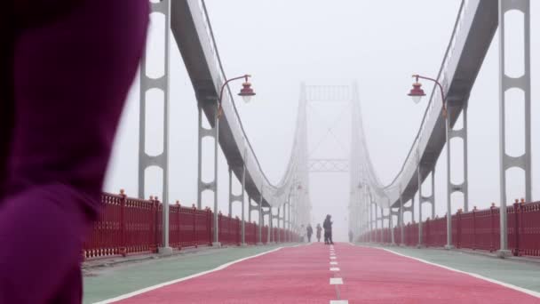 Young chubby caucasian girl running on a bridge. Back shot. Purple outfit - Materiał filmowy, wideo